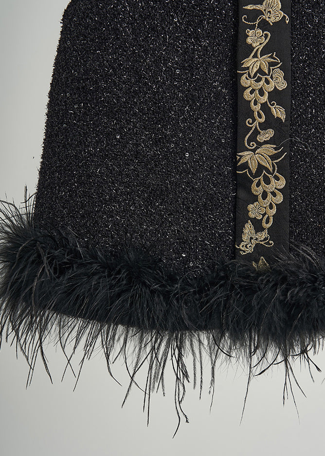 Style Black Embroidered Patchwork Feather Woolen Vests Fall
