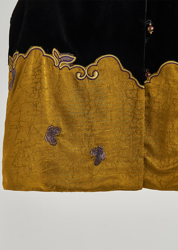 Style Black Embroidered Patchwork Silk Velour Vests Sleeveless