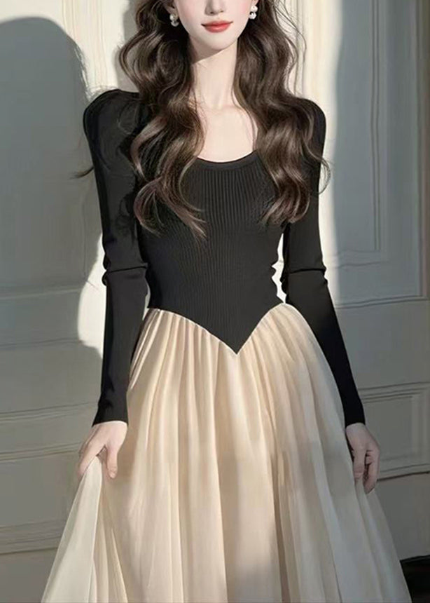 Style Black Long Dress Wrinkled Patchwork Long Knit Dress Long Sleeve