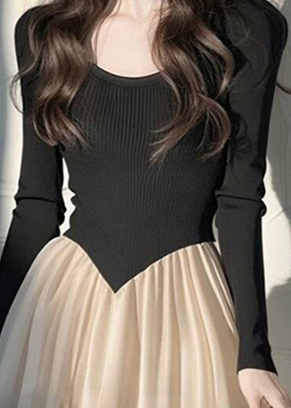 Style Black Long Dress Wrinkled Patchwork Long Knit Dress Long Sleeve