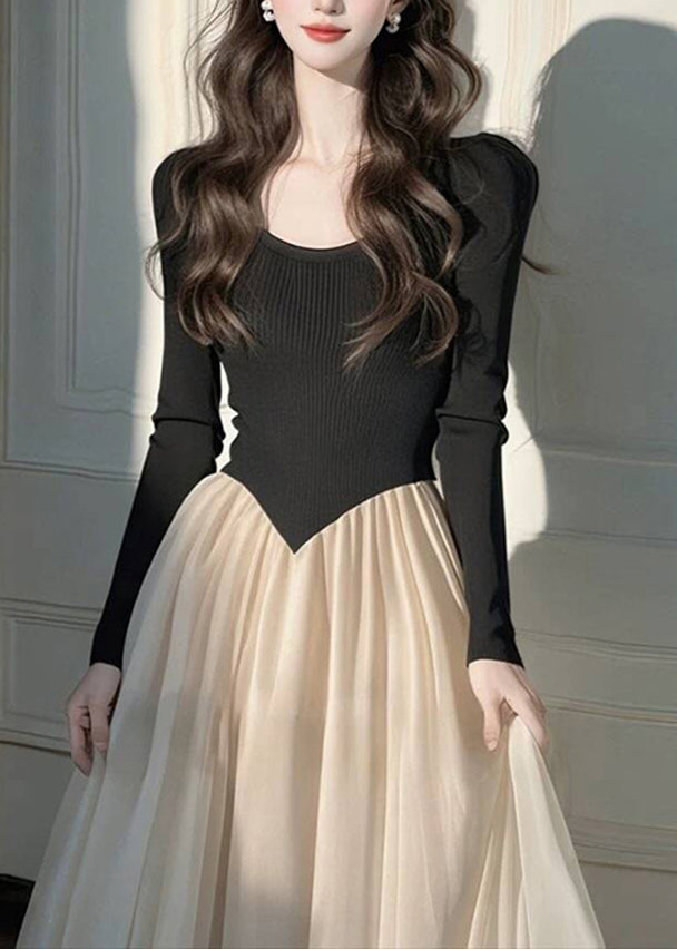 Style Black Long Dress Wrinkled Patchwork Long Knit Dress Long Sleeve