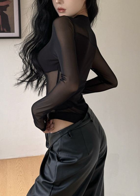 Style Black O-Neck Patchwork Mesh Bodysuit