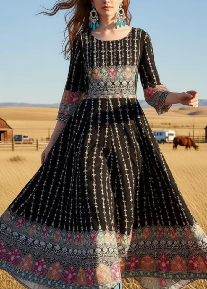 Style Black O Neck Print Exra Large Hem Cotton Maxi Dresses Summer
