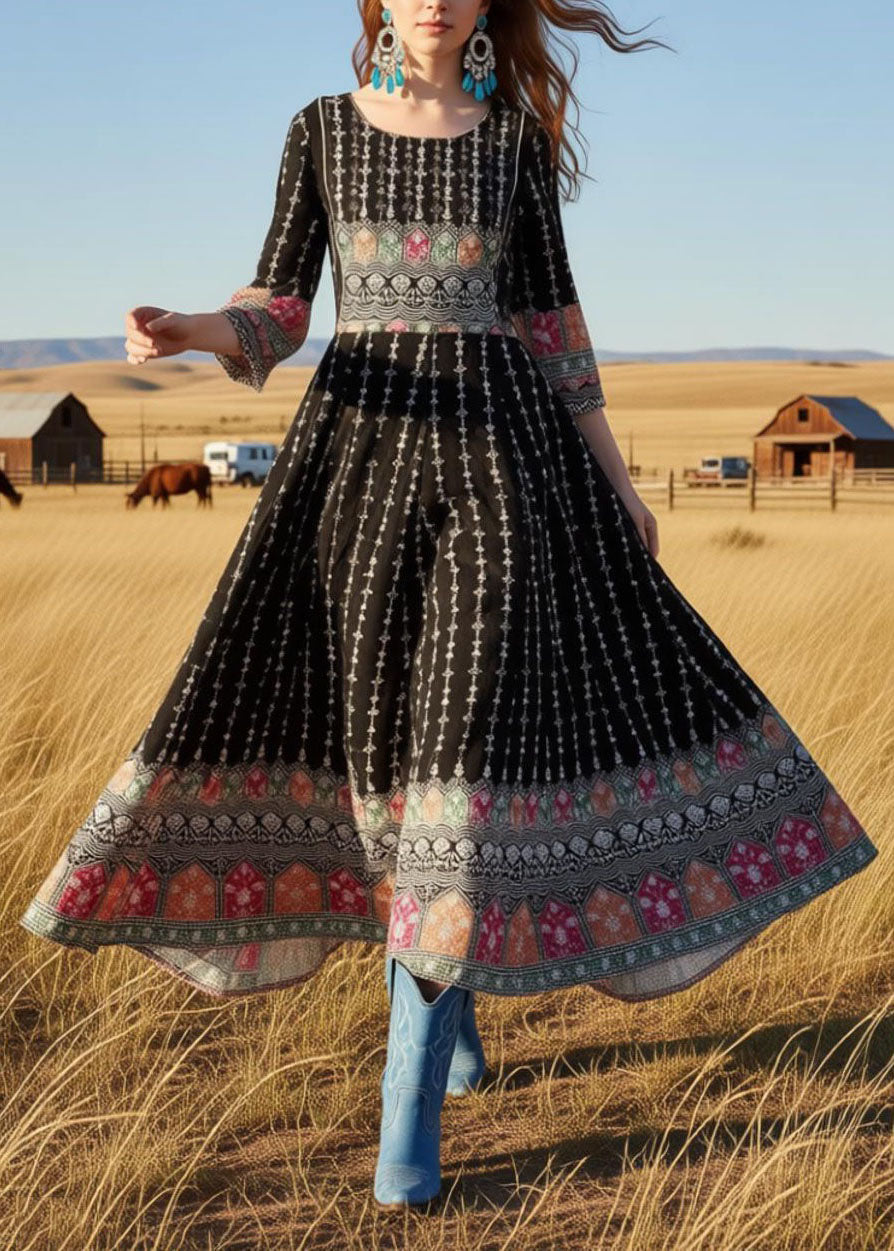 Style Black O Neck Print Exra Large Hem Cotton Maxi Dresses Summer