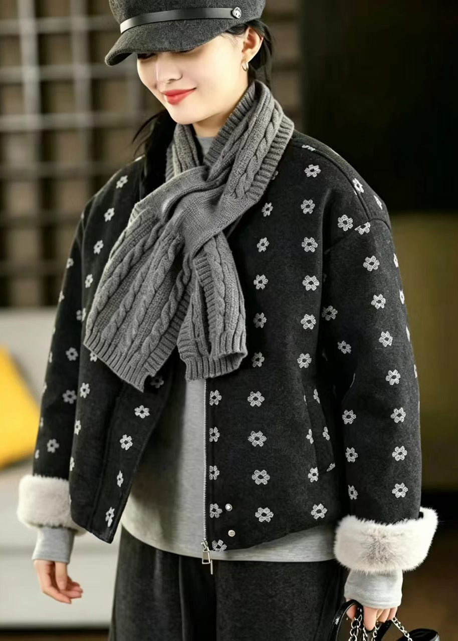 Style Black O-Neck Print With Scarf Woolen Furry Lining Jacket Winter