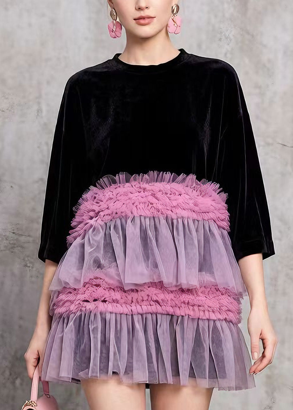 Style Black O Neck Ruffled Tulle Patchwork Velvet Mini Dress Summer
