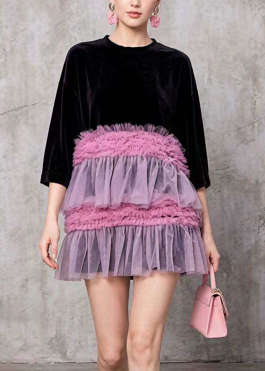 Style Black O Neck Ruffled Tulle Patchwork Velvet Mini Dress Summer
