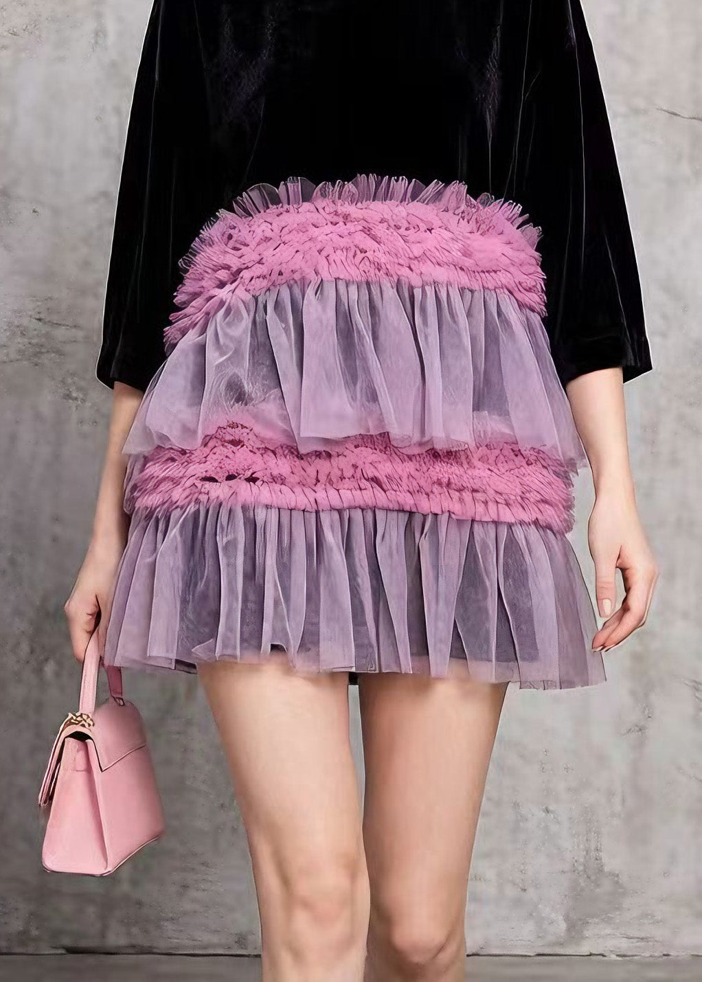 Style Black O Neck Ruffled Tulle Patchwork Velvet Mini Dress Summer