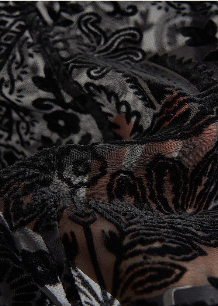 Style Black Oversized Jacquard Silk Velour Blouses Fall