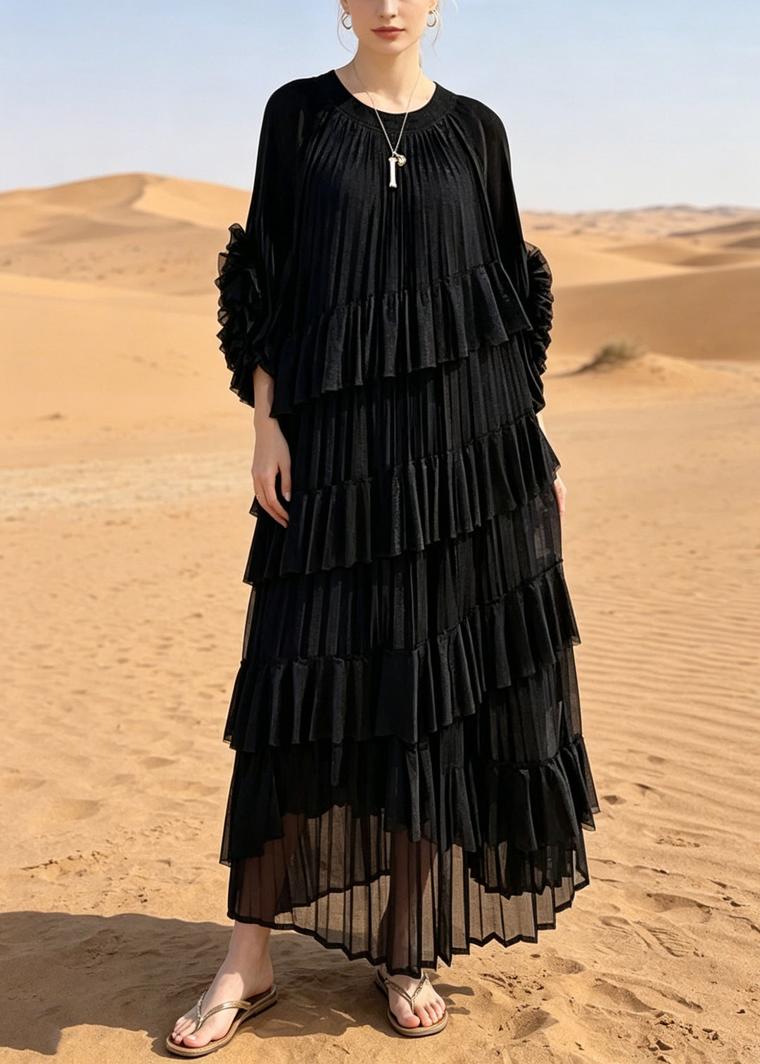 Style Black Oversized Ruffles Chiffon Holiday Dresses Summer