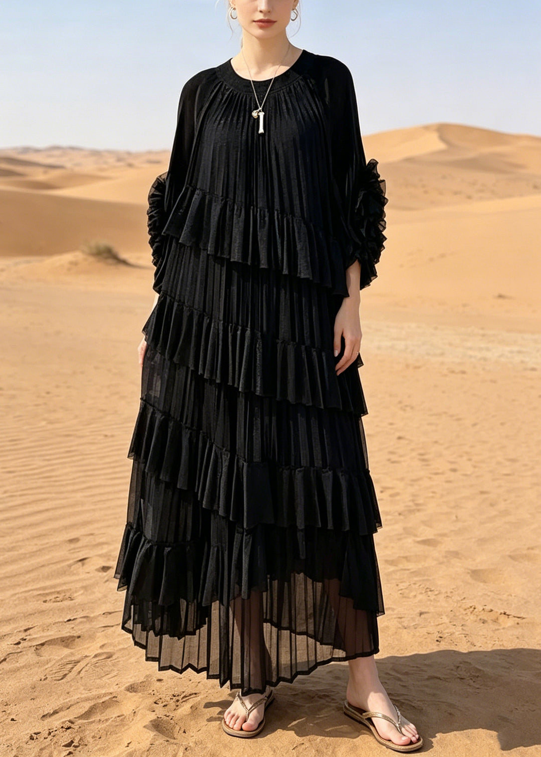 Style Black Oversized Ruffles Chiffon Holiday Dresses Summer