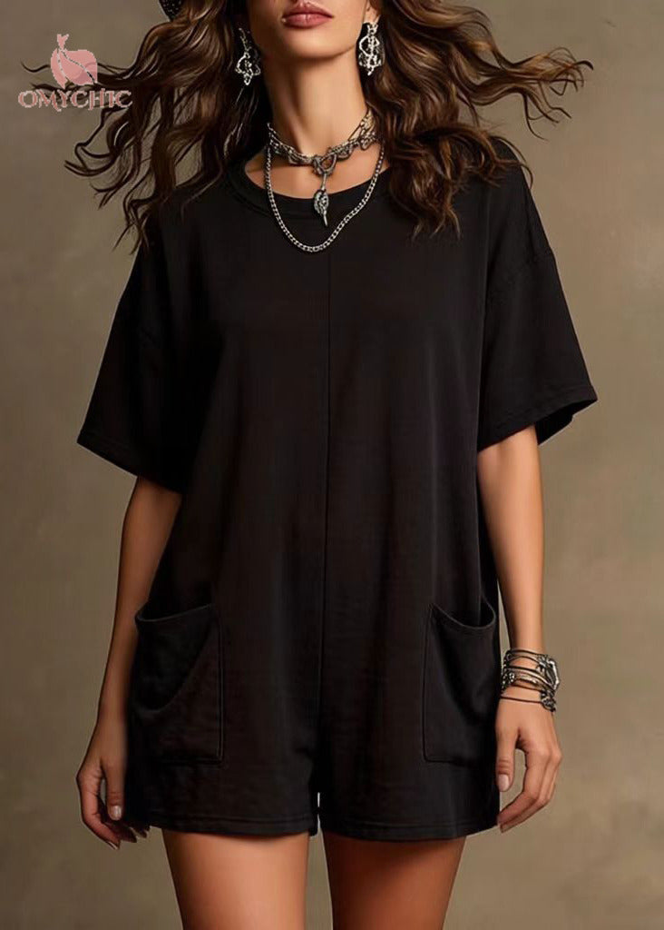 Style Black Oversized With Pockets Cotton Shorts Jumpsuits Summer