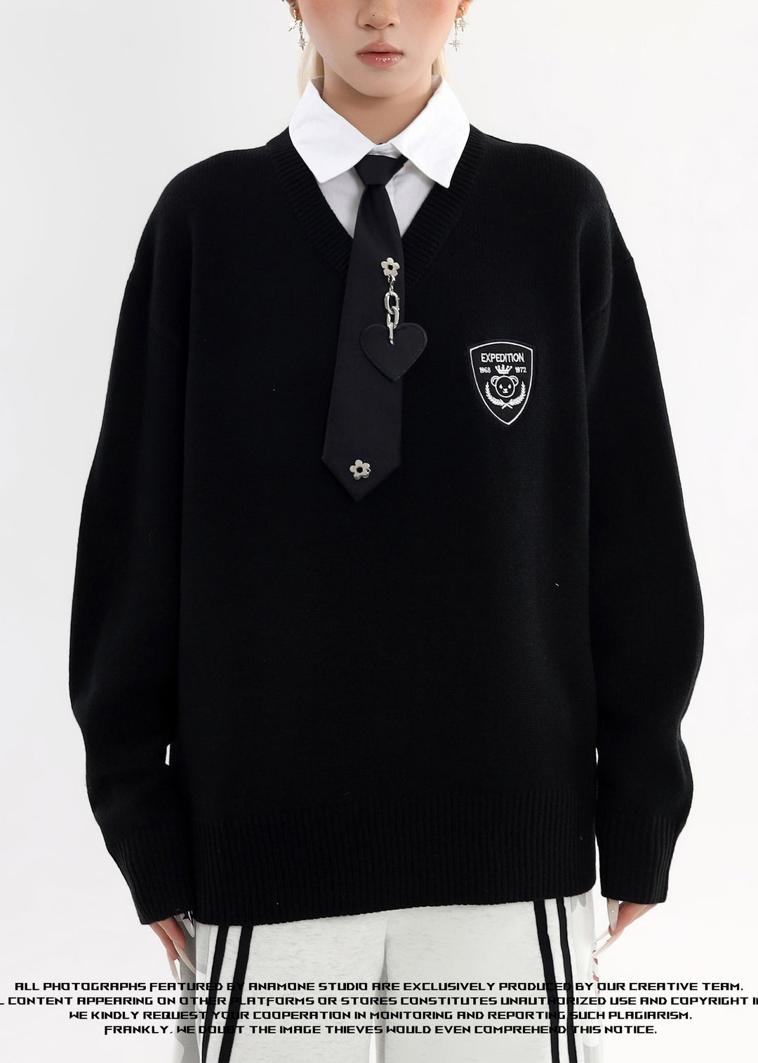 Style Black Peter Pan Collar Patchwork Knit Fake Two Piece Shirts Winter