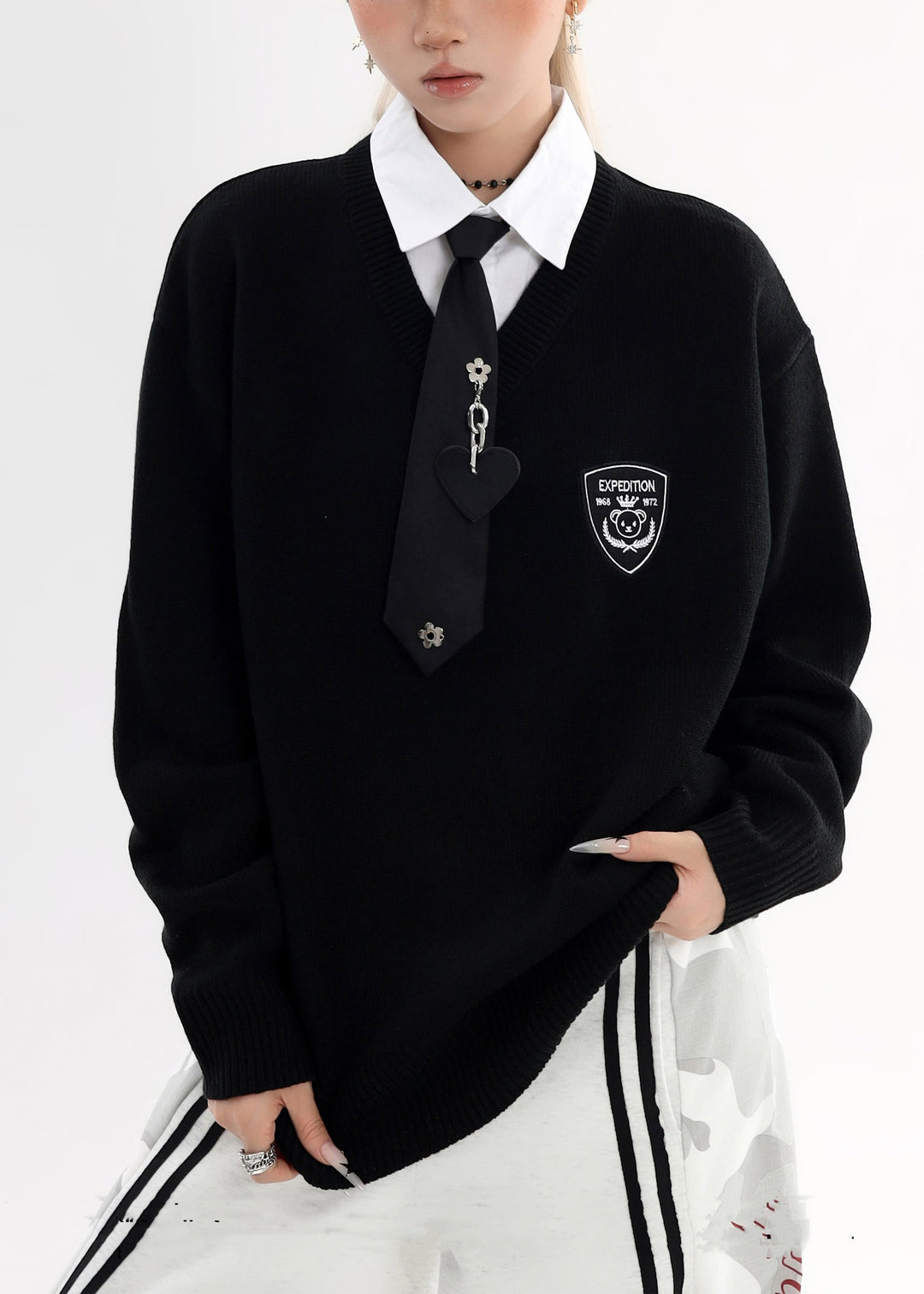 Style Black Peter Pan Collar Patchwork Knit Fake Two Piece Shirts Winter