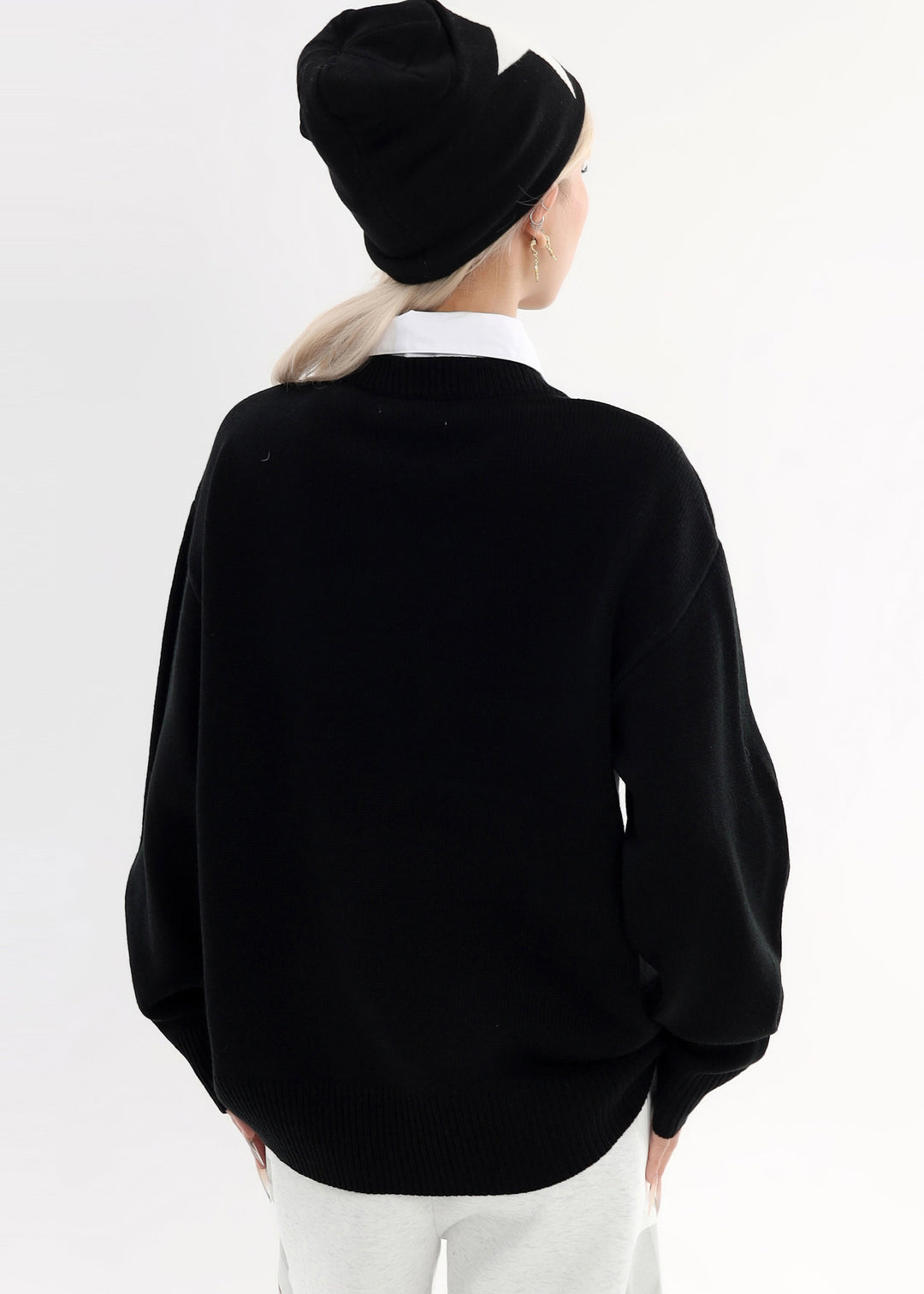 Style Black Peter Pan Collar Patchwork Knit Fake Two Piece Shirts Winter