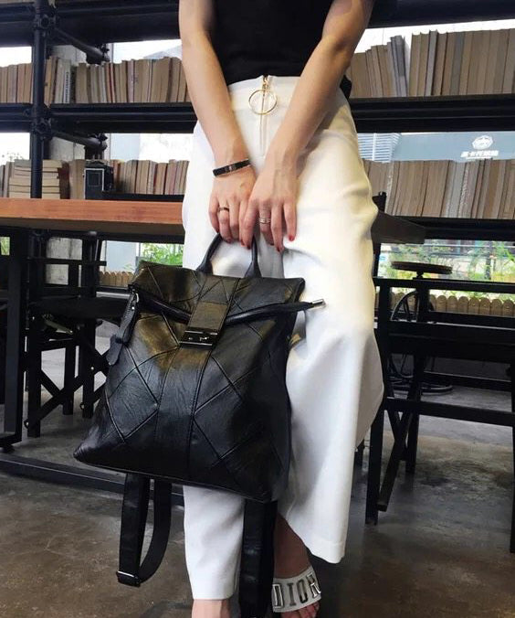 Style Black Plaid Large Capacity Faux Leather Versatile Backpack Bag