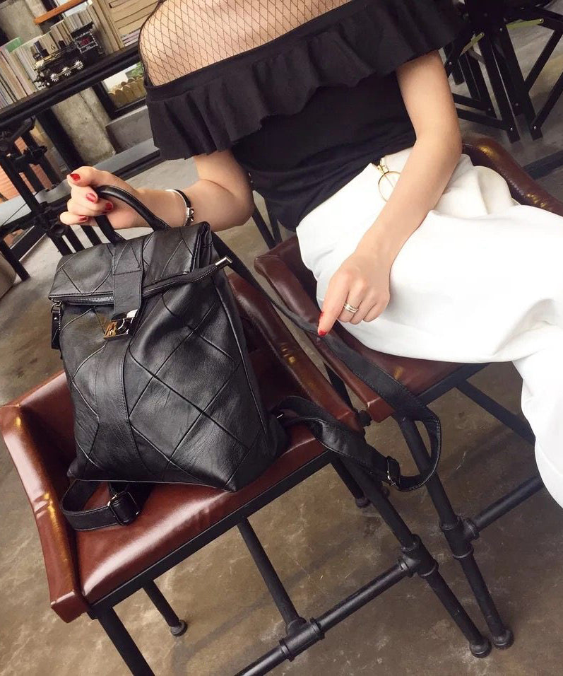 Style Black Plaid Large Capacity Faux Leather Versatile Backpack Bag