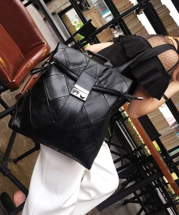 Style Black Plaid Large Capacity Faux Leather Versatile Backpack Bag