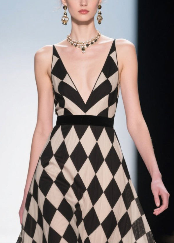 Style Black Plaid Patchwork Lace Chiffon Evening Dress Summer