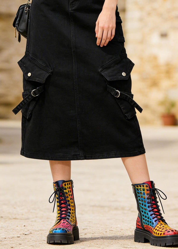 Style Black Pockets Patchwork Denim Skirts Spring - Omychic