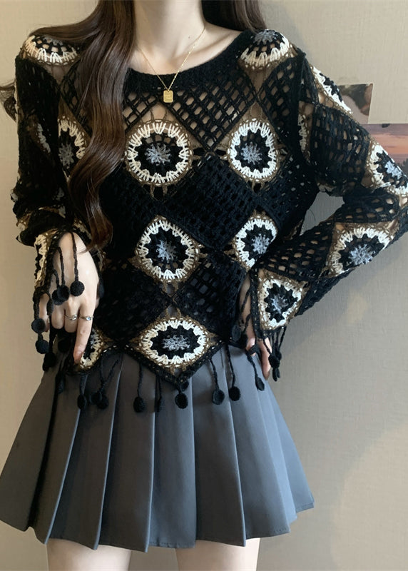 Style Black Print Tassel Knit Top Flare Sleeve