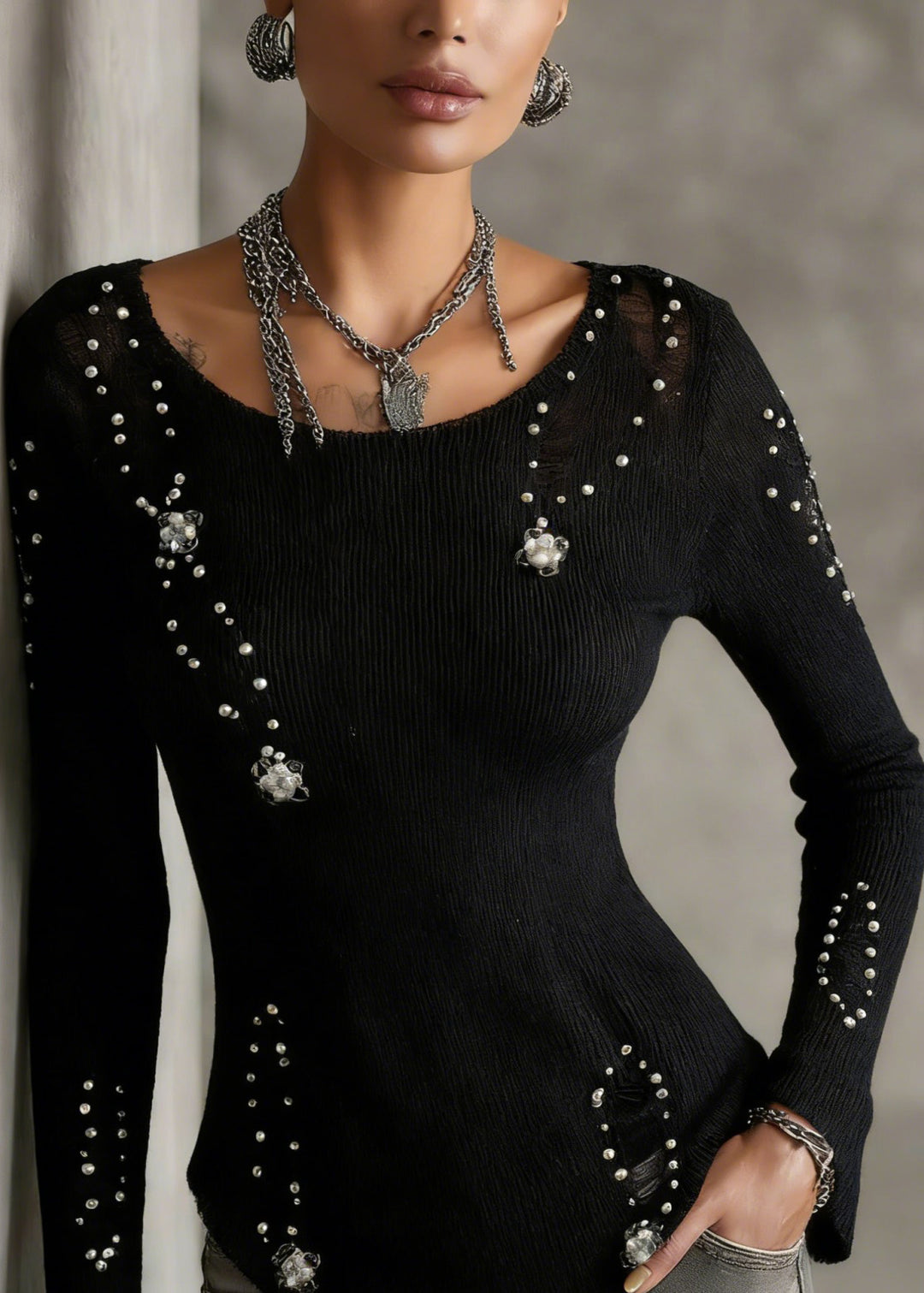 Style Black Ripped Nail Bead Knit Blouse Tops Spring - Omychic
