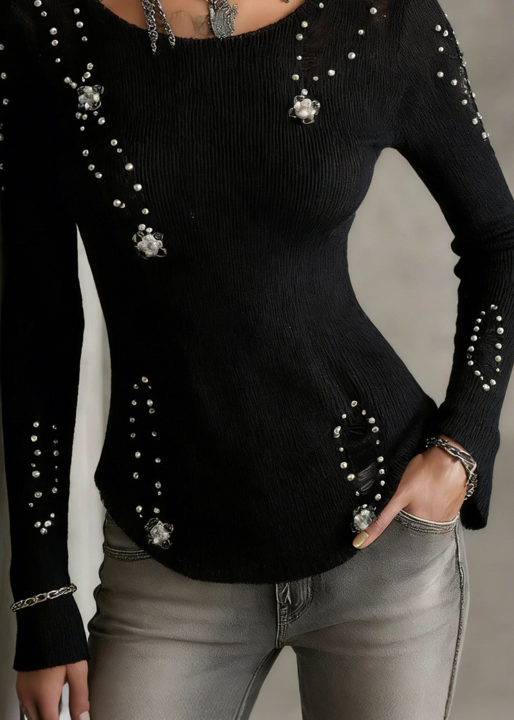 Style Black Ripped Nail Bead Knit Blouse Tops Spring - Omychic