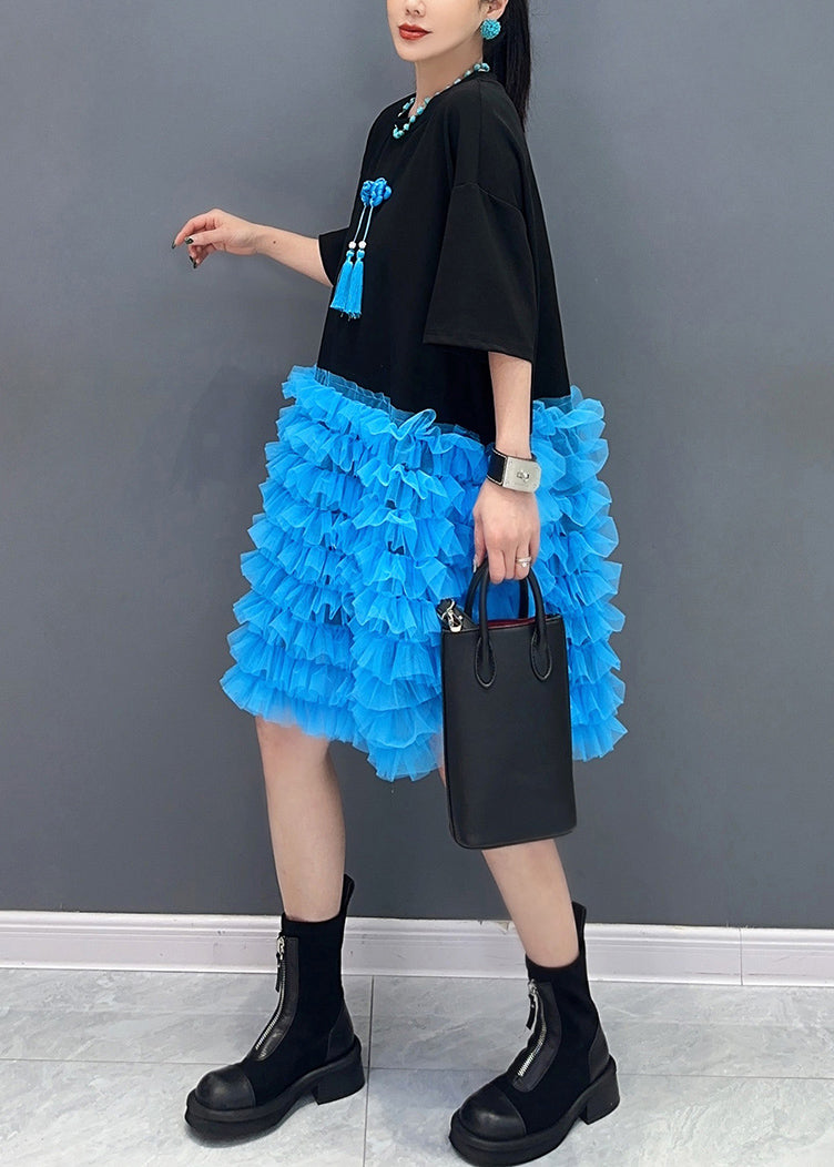 Style Black Ruffled Patchwork Tulle Tea Dresses Summer