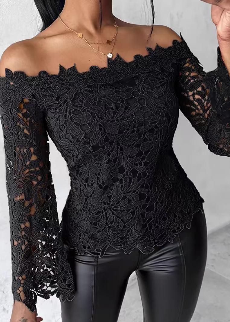 Style Black Slash Neck Hollow Out Lace Shirt Tops Flare Sleeve