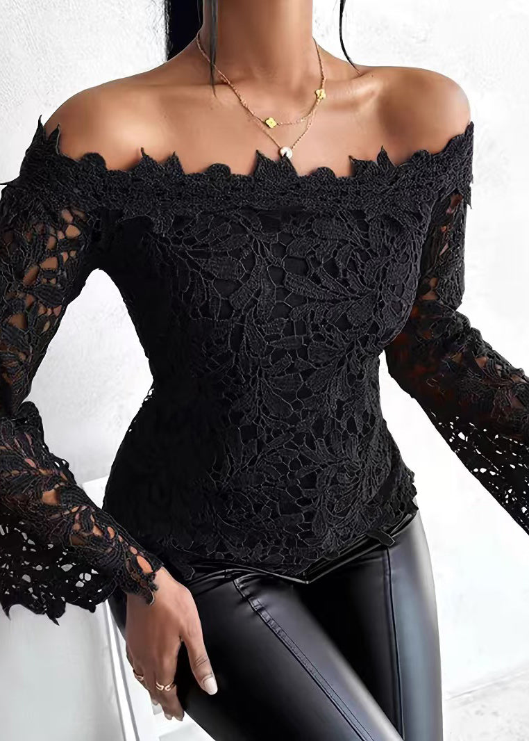 Style Black Slash Neck Hollow Out Lace Shirt Tops Flare Sleeve