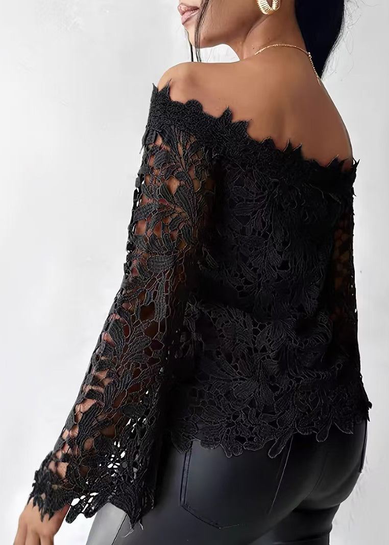 Style Black Slash Neck Hollow Out Lace Shirt Tops Flare Sleeve