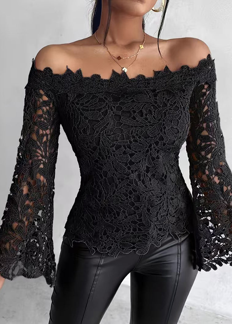 Style Black Slash Neck Hollow Out Lace Shirt Tops Flare Sleeve