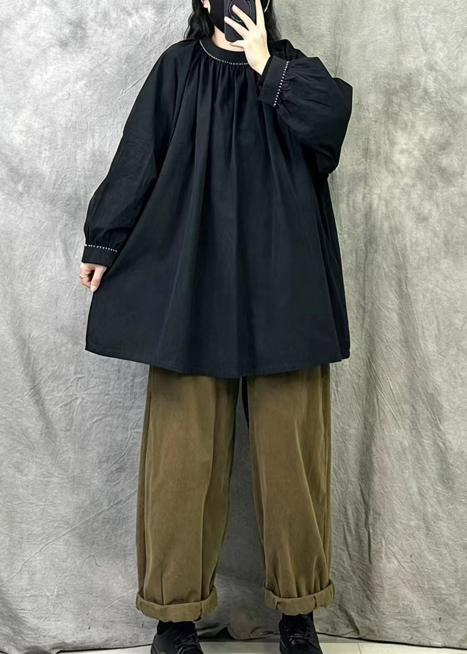 Style Black Stand Collar Cotton Loose Shirts Fall