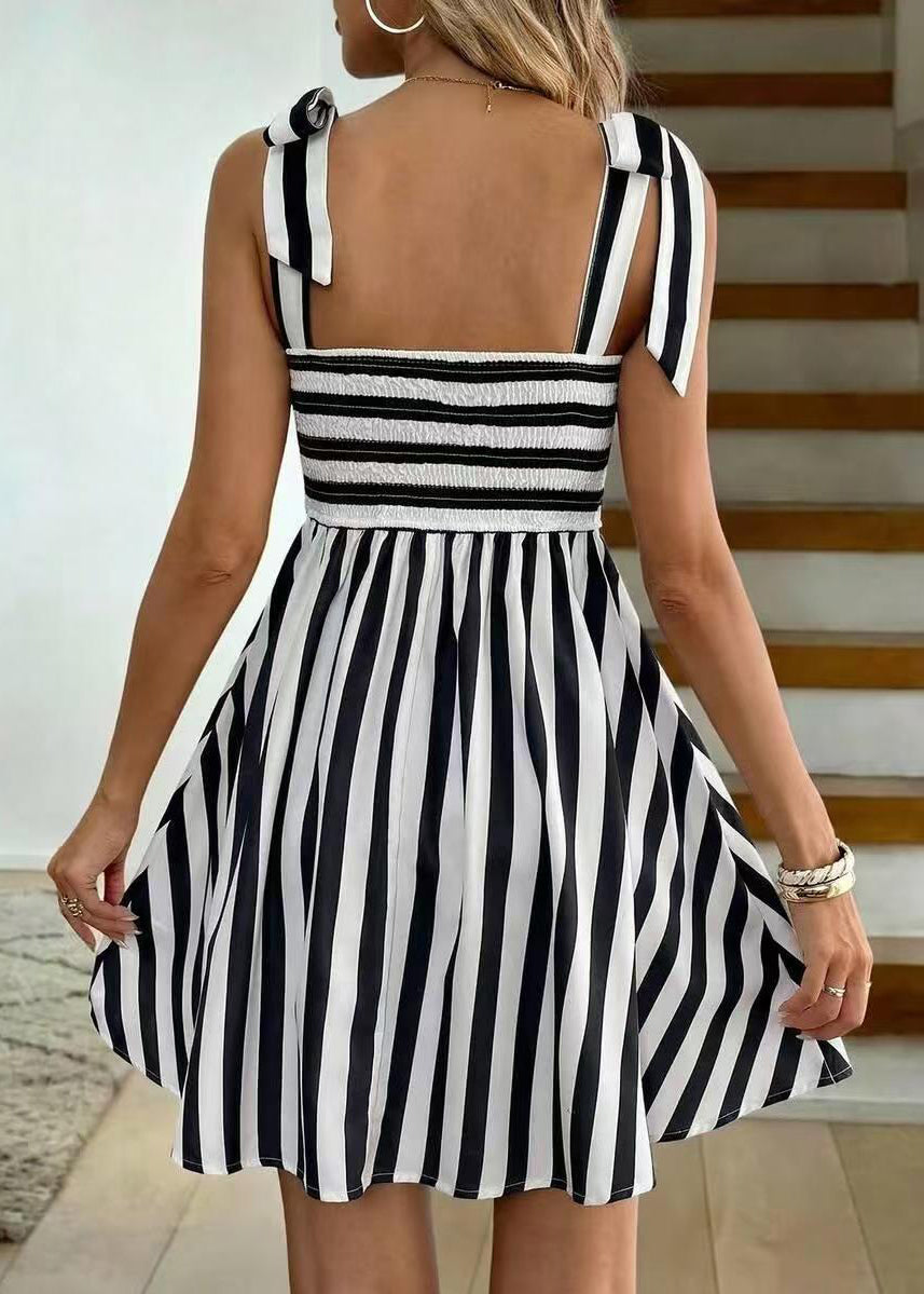 Style Black Striped Cami Bow Cotton Mini Dresses Summer