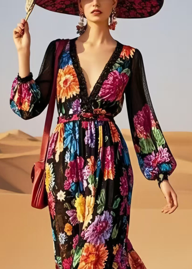 Style Black V Neck Floral Print Cotton Vestidos Dress Spring