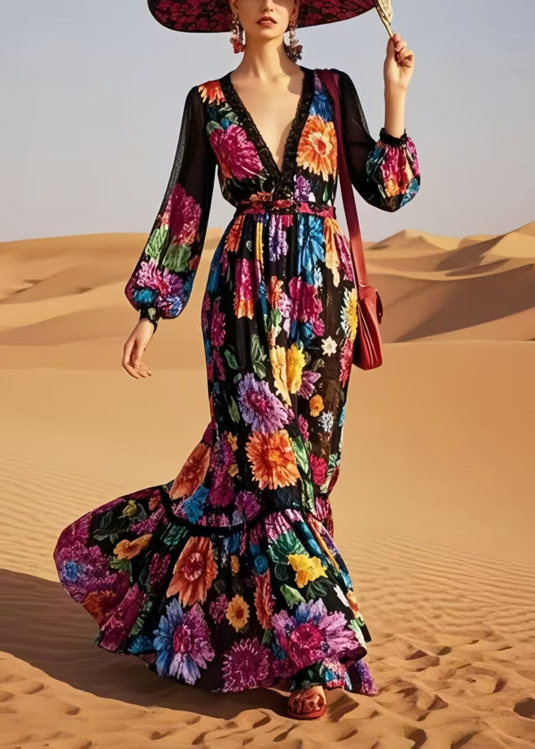 Style Black V Neck Floral Print Cotton Vestidos Dress Spring