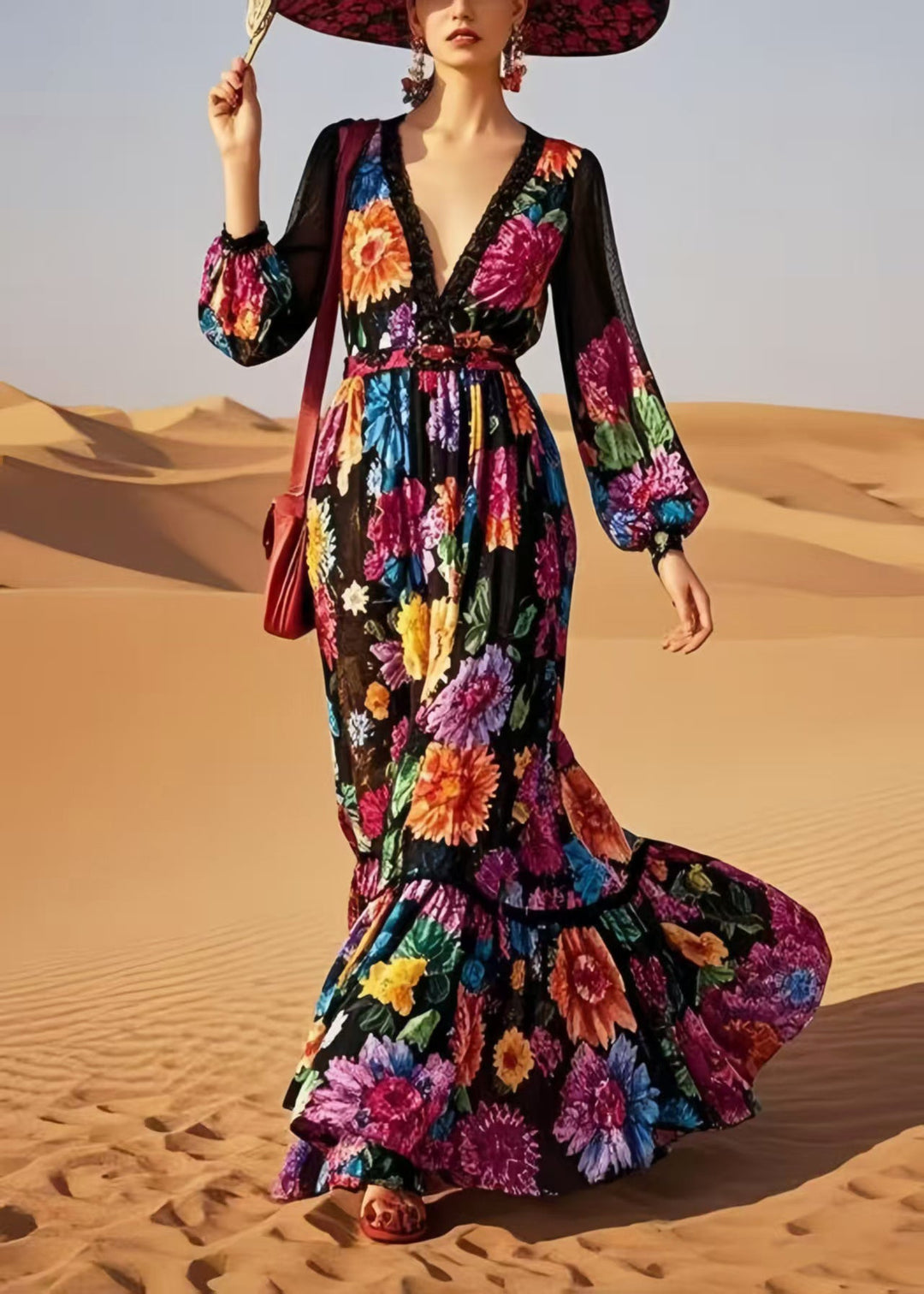 Style Black V Neck Floral Print Cotton Vestidos Dress Spring