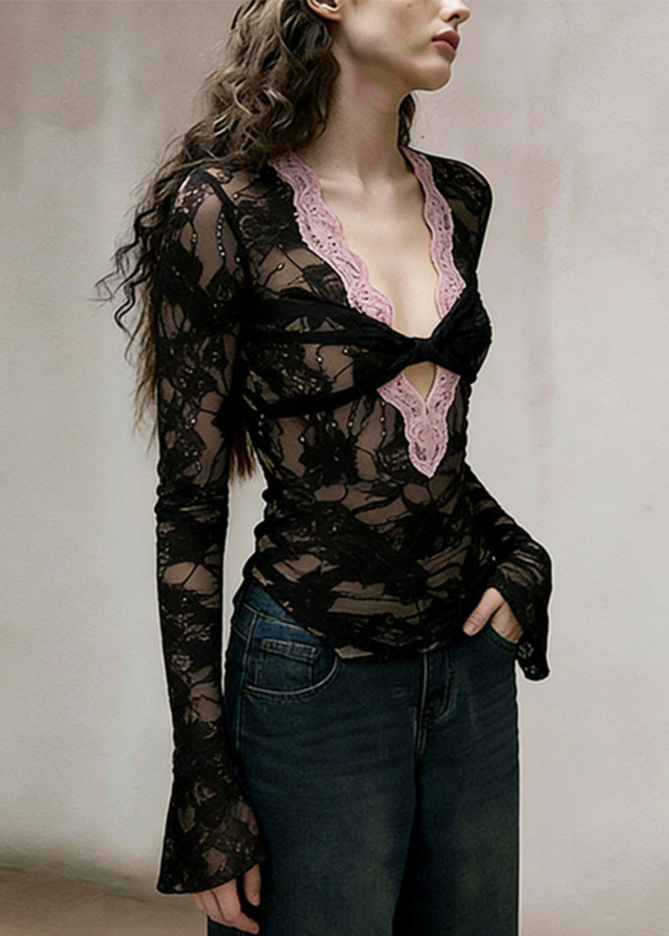 Style Black V Neck Patchwork Lace Shirt Top Spring