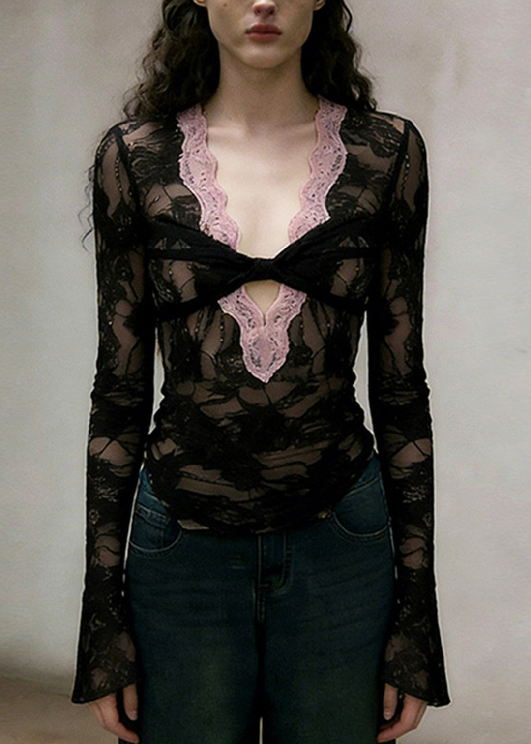Style Black V Neck Patchwork Lace Shirt Top Spring