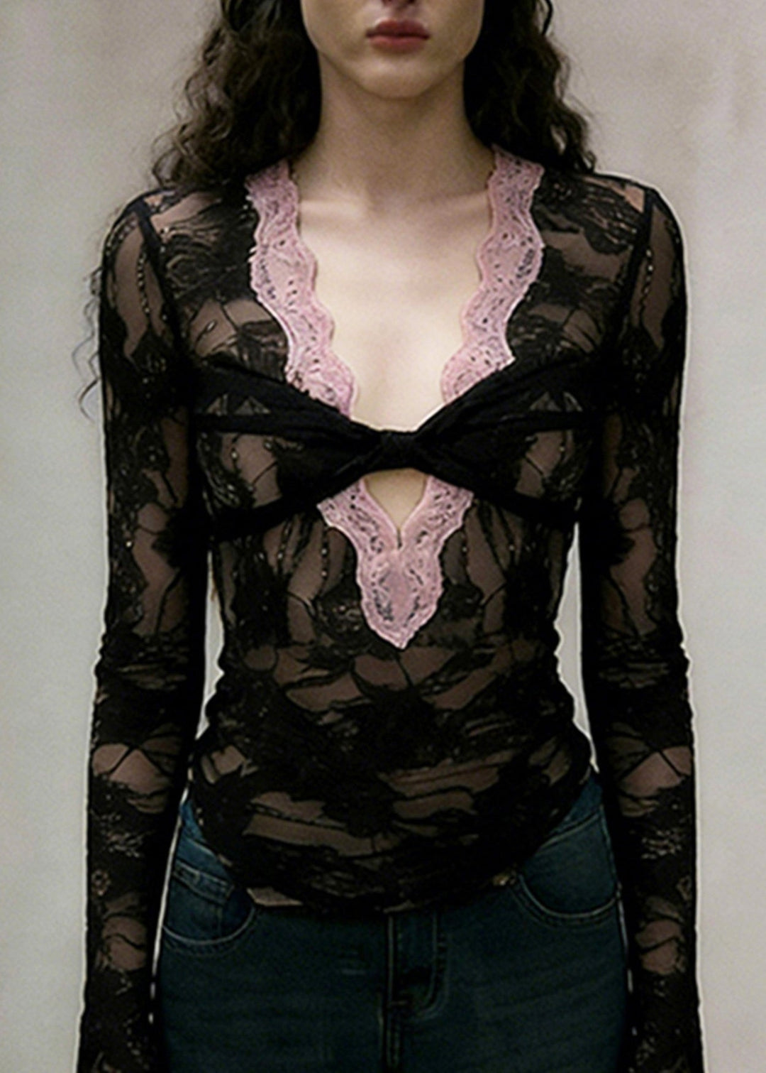 Style Black V Neck Patchwork Lace Shirt Top Spring