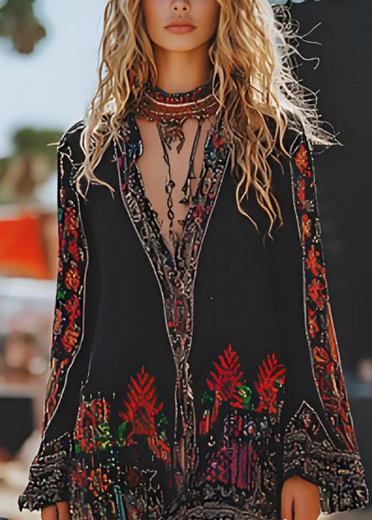 Style Black V Neck Print Cotton Mid Dresses Spring