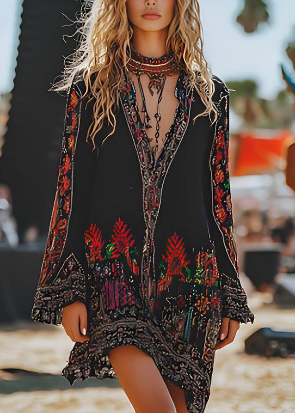 Style Black V Neck Print Cotton Mid Dresses Spring