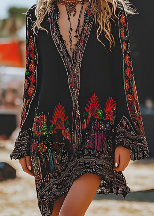 Style Black V Neck Print Cotton Mid Dresses Spring