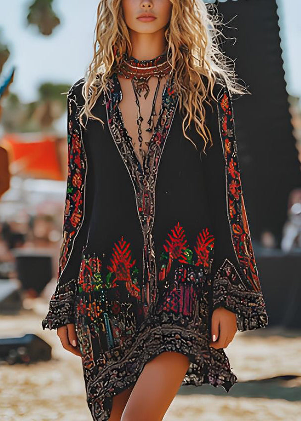 Style Black V Neck Print Cotton Mid Dresses Spring