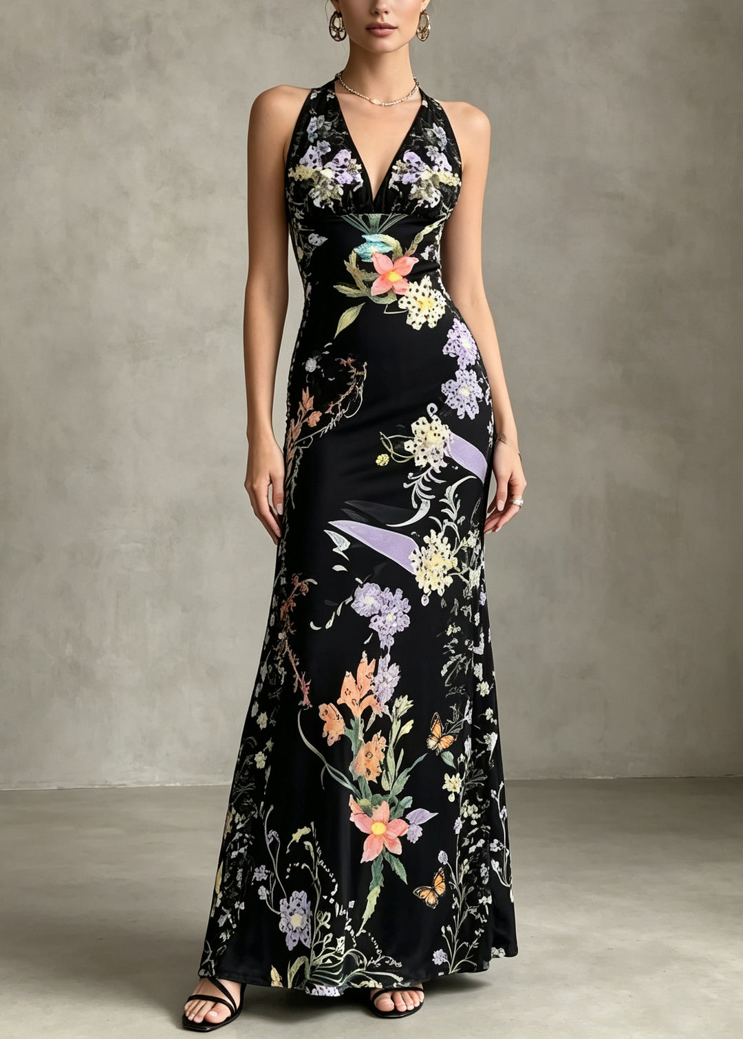 Style Black V Neck Print Silk Velvet Party Dress Summer
