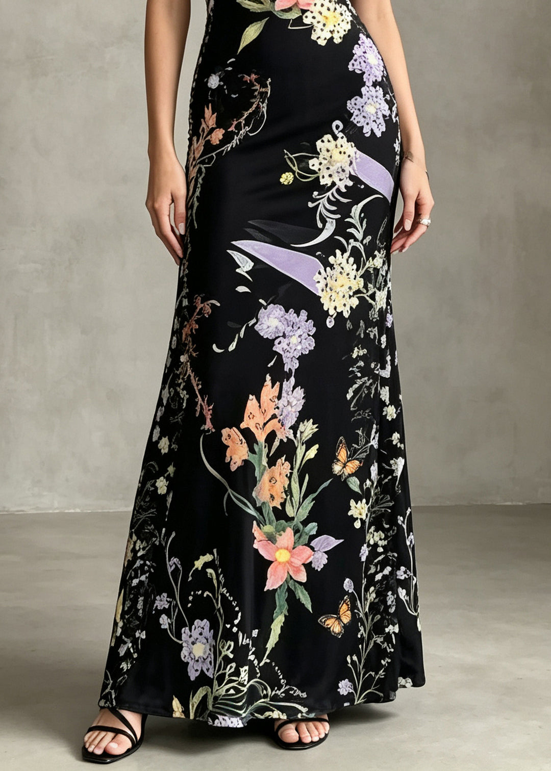 Style Black V Neck Print Silk Velvet Party Dress Summer