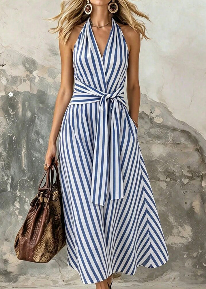 Style Blue Backless Striped Cotton Hatle Dresses Summer