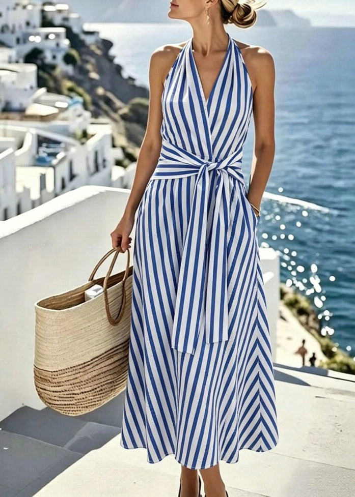 Style Blue Backless Striped Cotton Hatle Dresses Summer