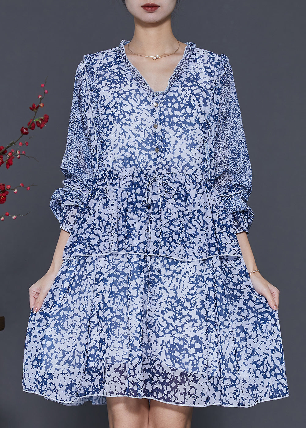 Style Blue Cinched Print Chiffon Vacation Dresses Spring