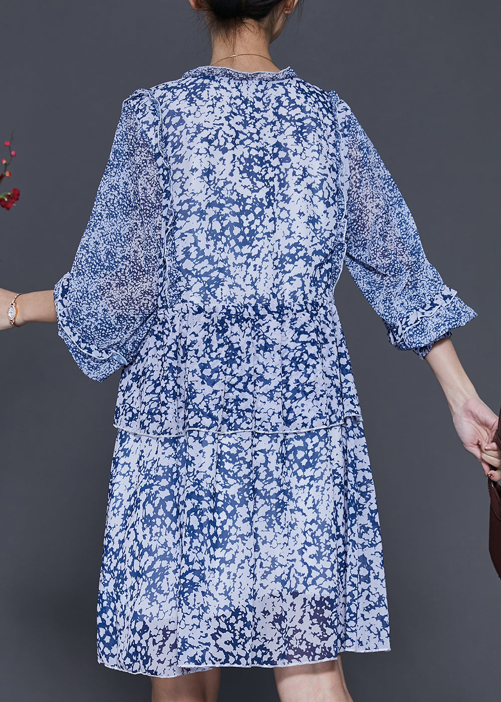 Style Blue Cinched Print Chiffon Vacation Dresses Spring